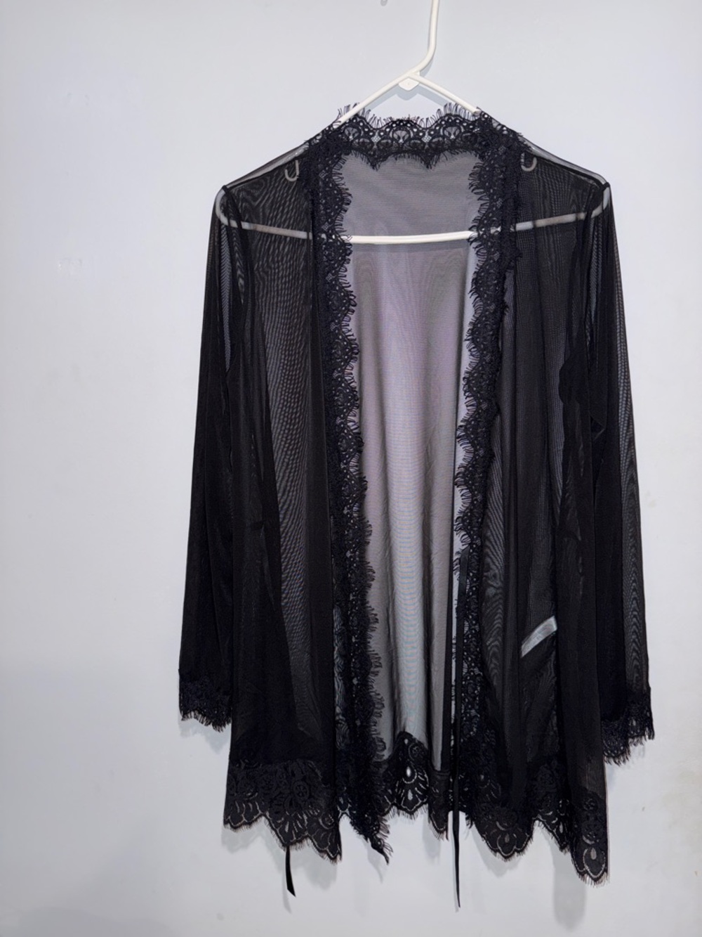 Delicate Sheer Lace-Trim Black Robe